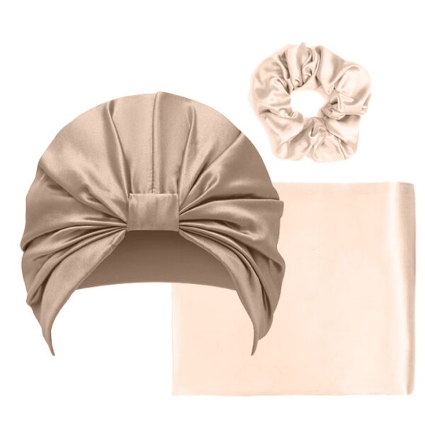 Set hodvábna obliečka 40 x 40, turban na vlasy a gumička – Zlatý champagne