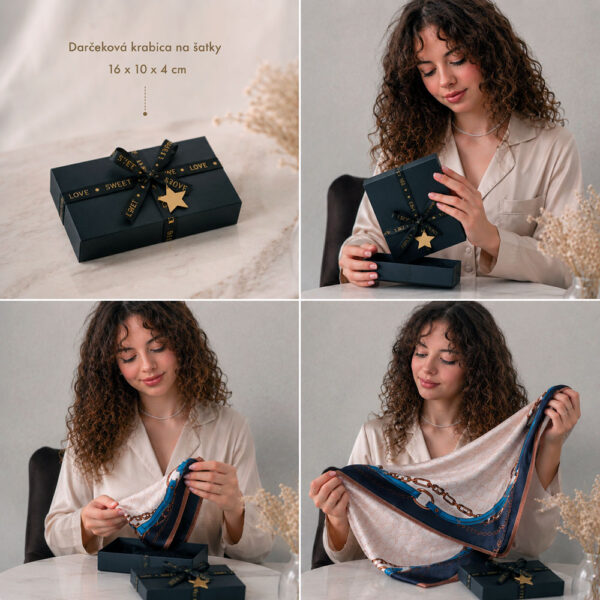 Darčeková krabica na šatky 16 × 10 × 4 cm v elegantnom čiernom prevedení so stuhou, vhodná na luxusné balenie hodvábnych šatiek LoveSilk.