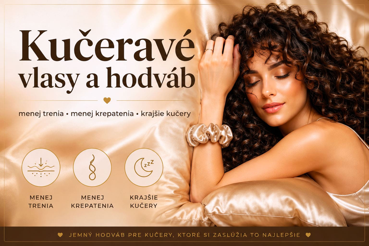 Kučeravé vlasy a hodváb – žena s kučerami na hodvábnom vankúši s hodvábnou gumičkou